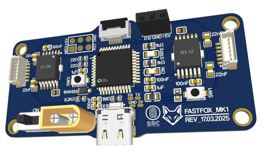 Render de la PCB FASTFOX MK1 de la SRC con sus conectores JST y de potencia