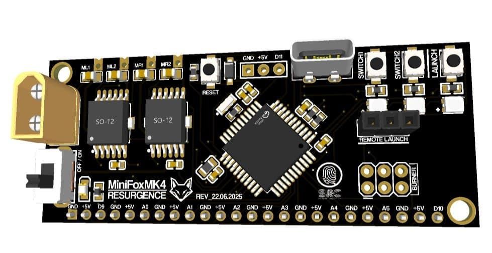 Render de la PCB MiniFox MK4 Resurgence, tarjeta principal de robot mini sumo